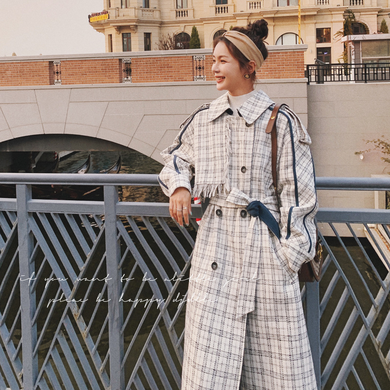 Temperament Goddess Fan Casual Retro Plaid Trench Coat