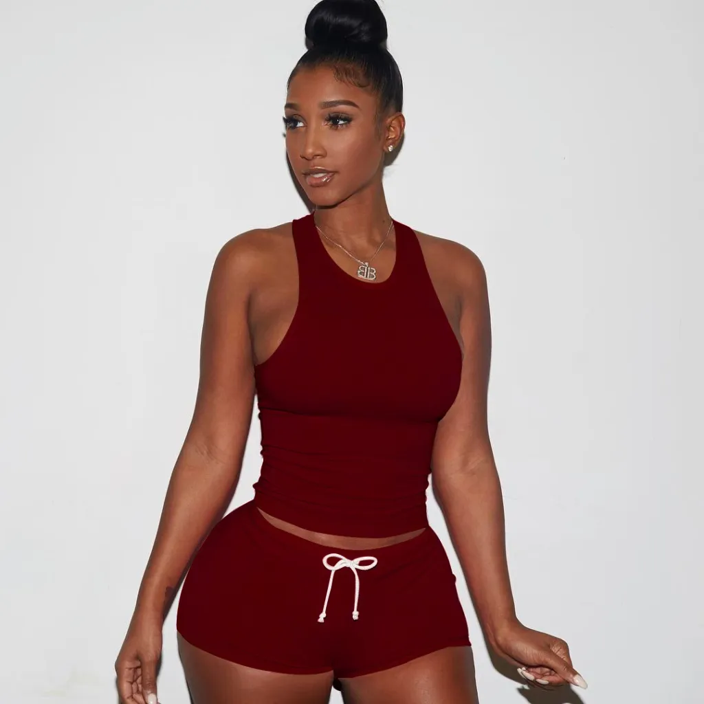 Women's Tank Top Shorts Short Fashion Casual Suit - Wine