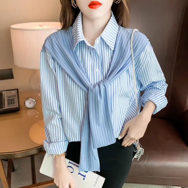Women's Two Striped Shirts Design Niche Long Sleeves Sky Blue - Shop at LoveMi