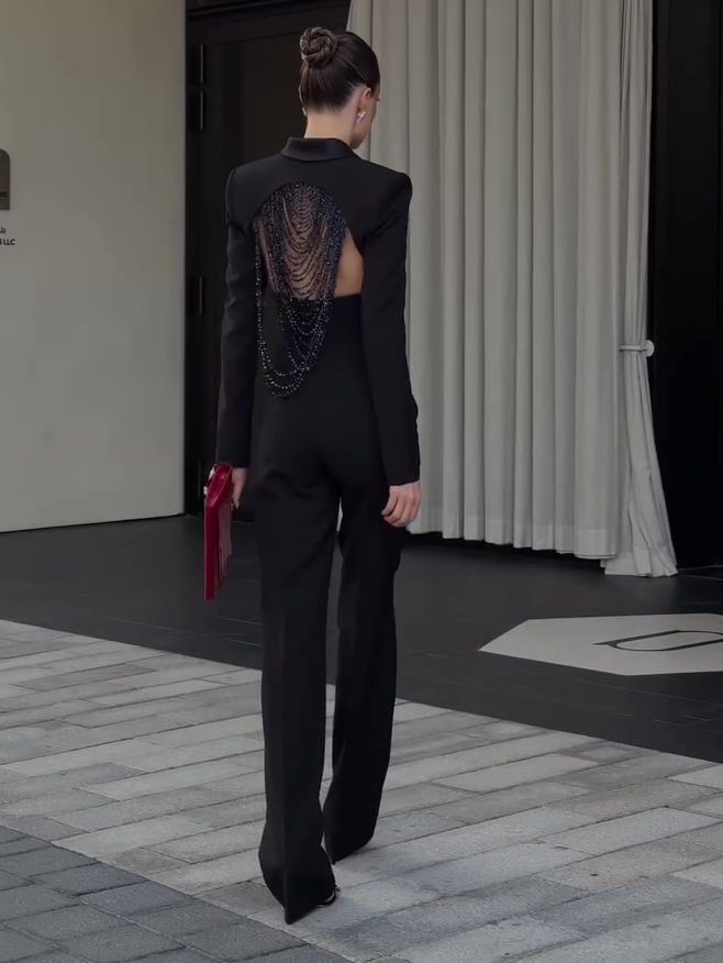 Black Backless Beaded Cropped Blazer & High Waist Pants Set