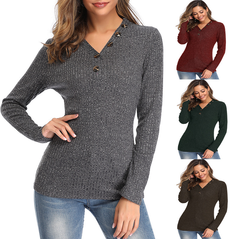 Fashion Women's V-neck Button Sweater Long-sleeved Slim