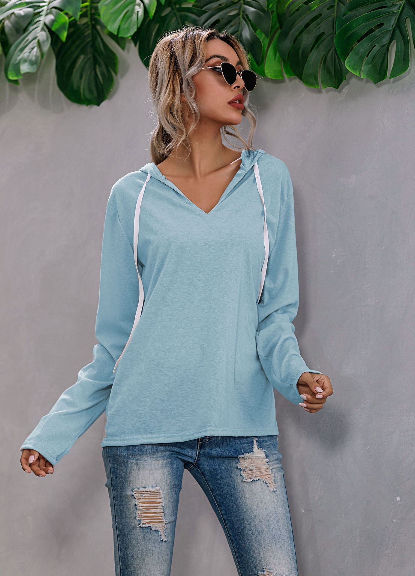 Title 2, Drawstring V-neck Fleece Bottoming Shirt Hooded...