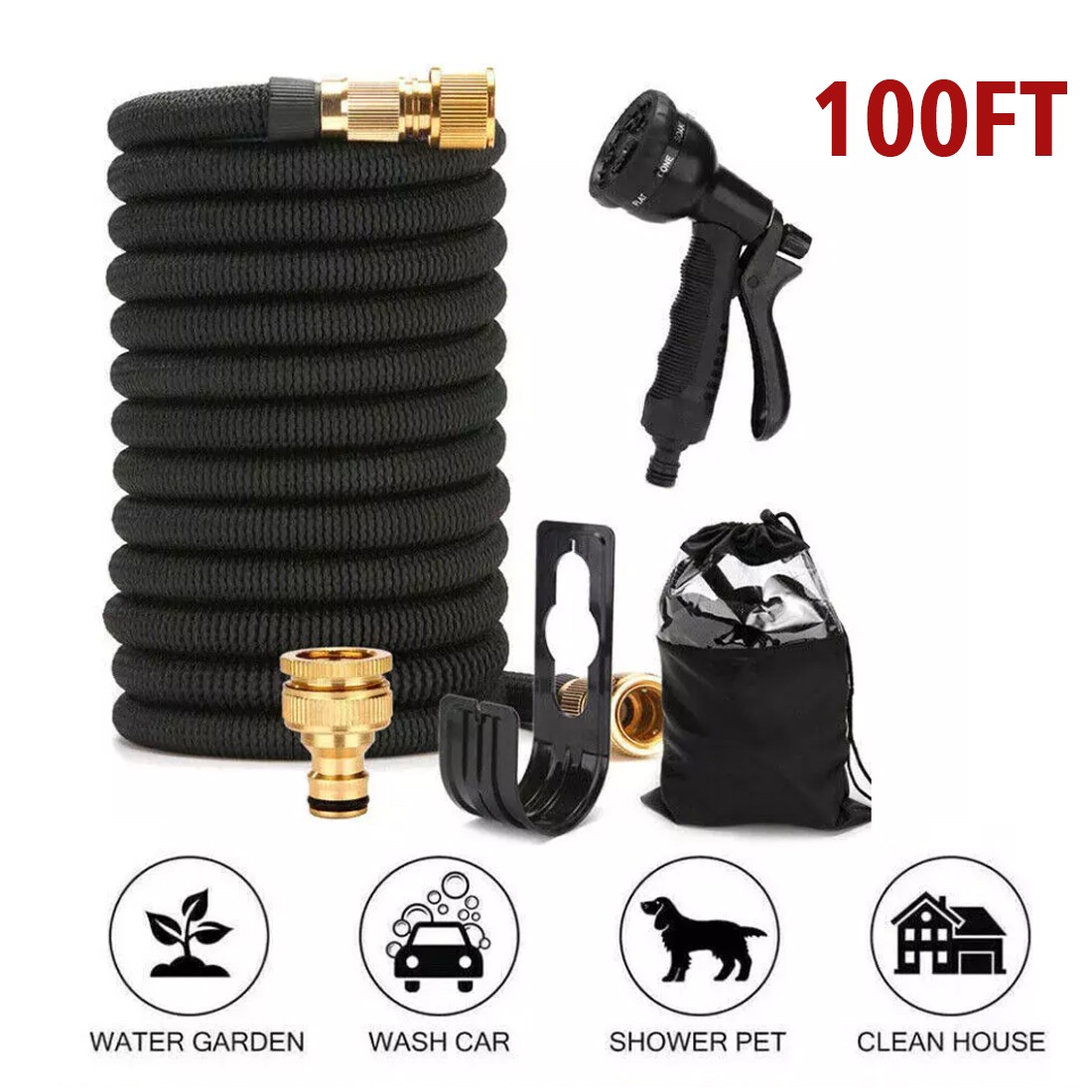 Heavy Duty 25-100FT Expandable Garden Hose Pipe Flexible With Water Spray Gun UK