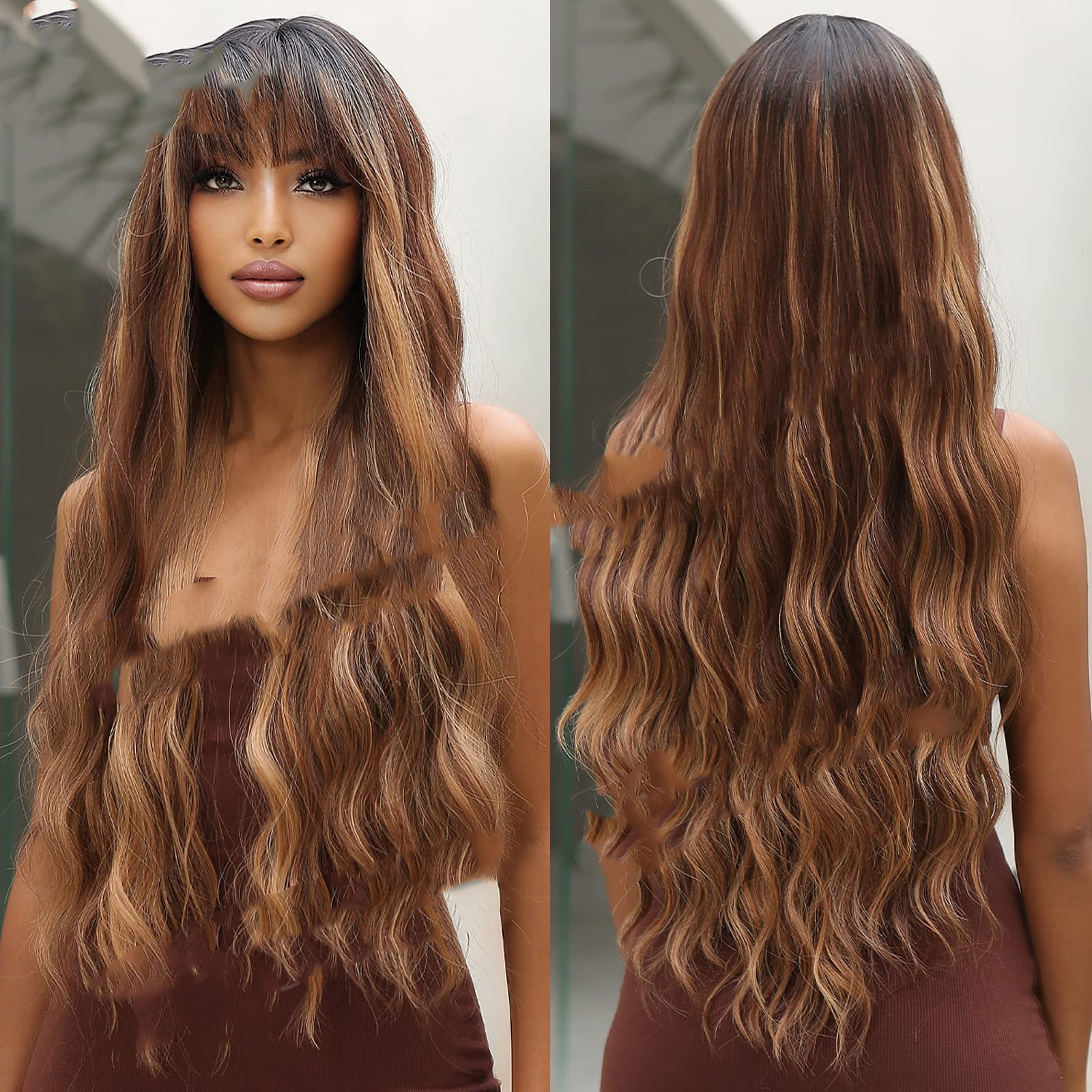 Dark Brown Dyed Light Brown Bangs Long Curly Hair Wigs Mechanism Headgear Lc2039Color - Shop at LoveMi