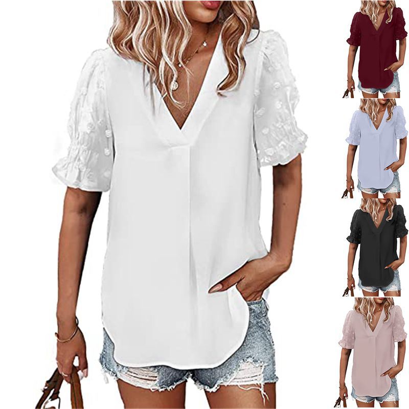 V-neck Chiffon Shirt Fur Ball Short-sleeved Shirt Casual Loose Women