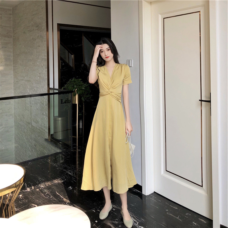 Light Yellow Long Skirt French Bellflower Waist Dress