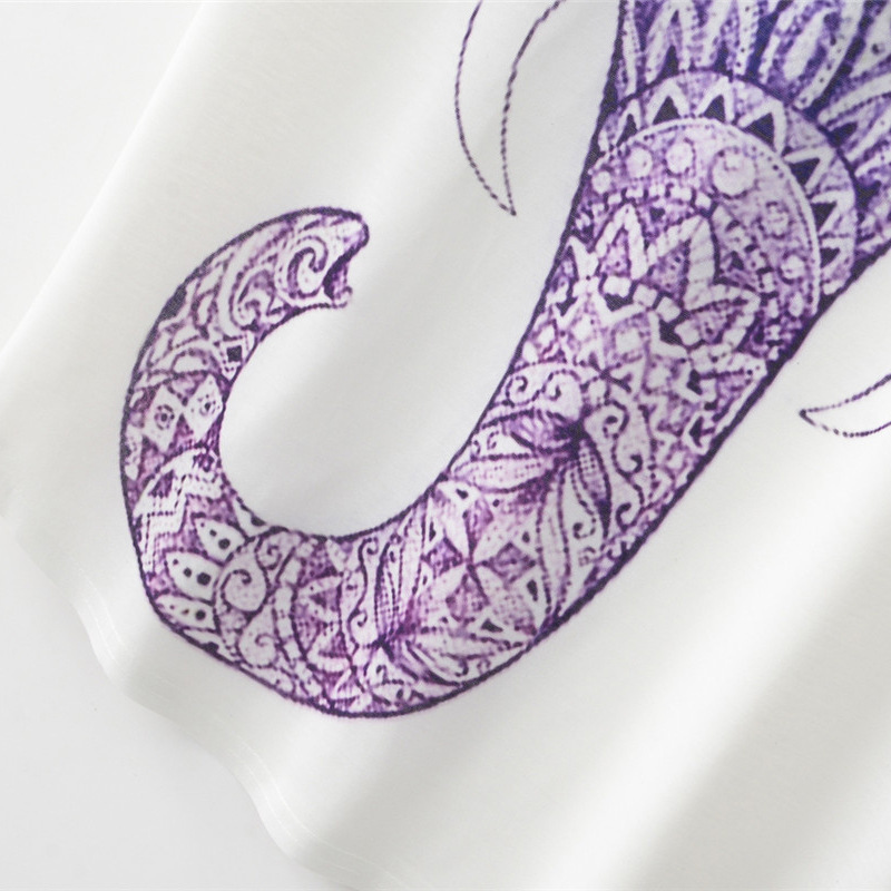 Summer New Blue Pattern Elephant Round Neck Short-sleeved Loose Women's T-shirt