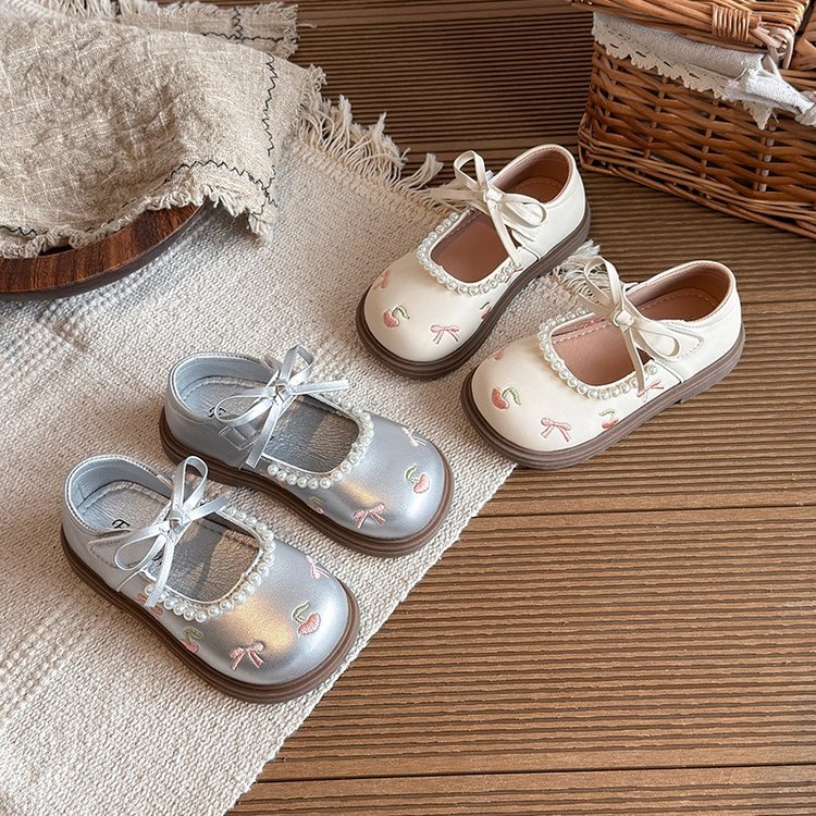 Children's Leather Shoes, Girls' Shoes, Girls' Pearl Bow Embroidered Single Shoes