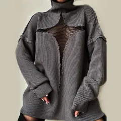 New Mesh Perspective Loose Knitted Hollow Sweater Women - Grey - View 1