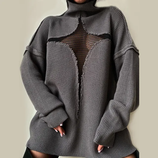 New Mesh Perspective Loose Knitted Hollow Sweater Women Grey - Shop at LoveMi