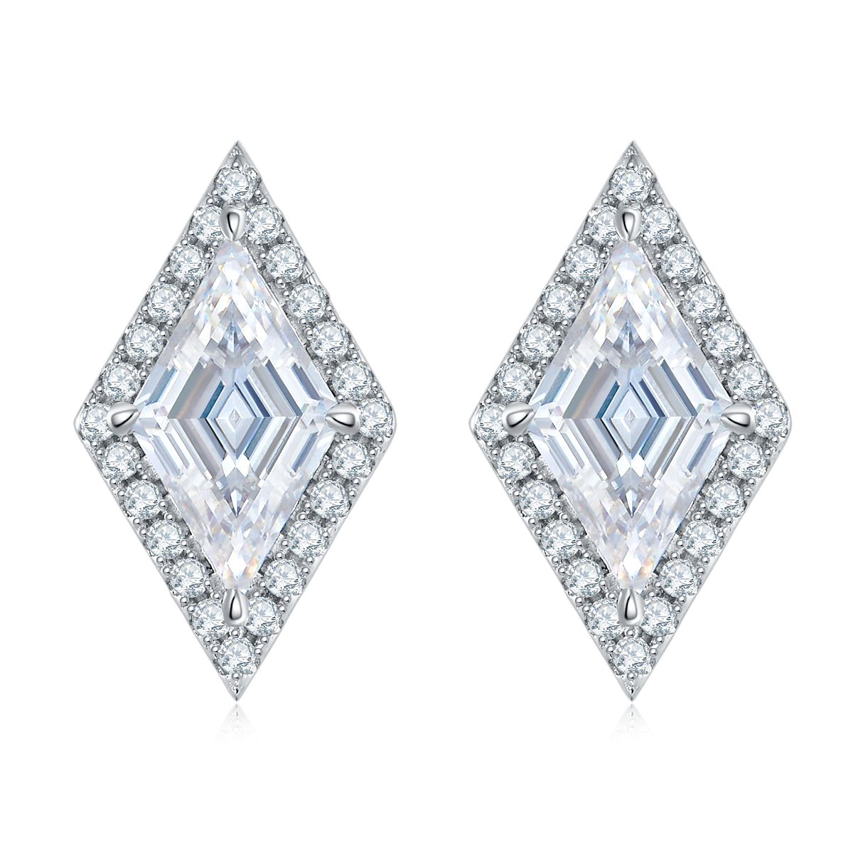 S925 Sterling Silver Kite Cut Halo Stud Earrings, 2Ct D-VVS1 Moissanite, Platinum Plated 2.5g Women's Jewelry Gift Box