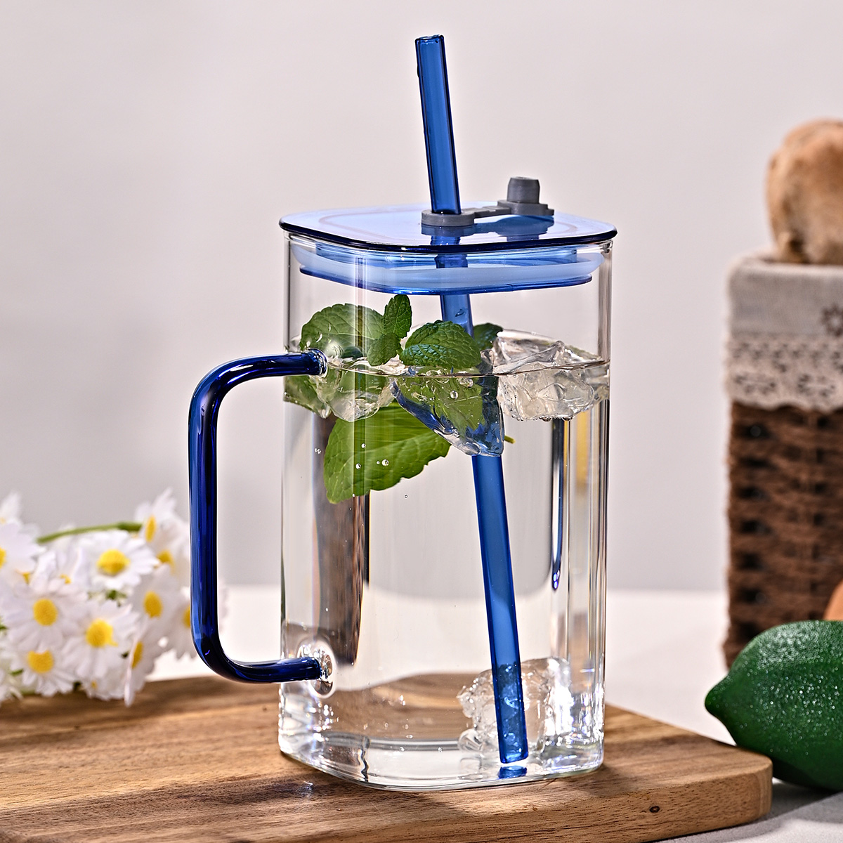 1 Pcs Transparent Glass Straw Cup, 4 Colors Square Glass Cup With Straw And Lid, High Borosilicate Glass Cup, Milk Cup, Juice Cup, Cold Drink Cup, Coffee Cup, Tea Cup, Office Cup, Gift Cup