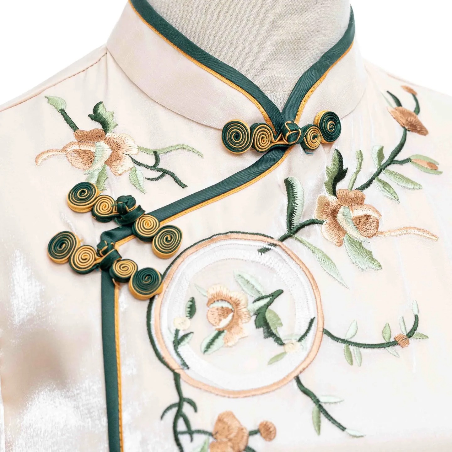 Beige Peach Blossom Embroidery Disco Cheongsam