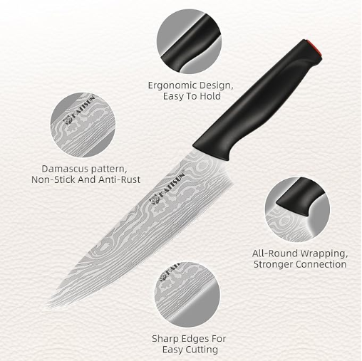 Damascus Pattern 15-Piece Kitchen Knife Set With Block, High Carbon Steel Chef Knife, Includes Sharpener And Scissors, Ergonomic Black Anti-Slip Handle And Red Trim, Perfect For Professionals 4