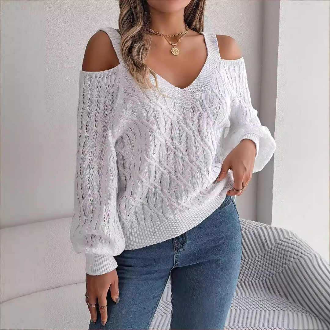 Fried-Dough Twist Off-Shoulder Lantern Sleeve Sweater