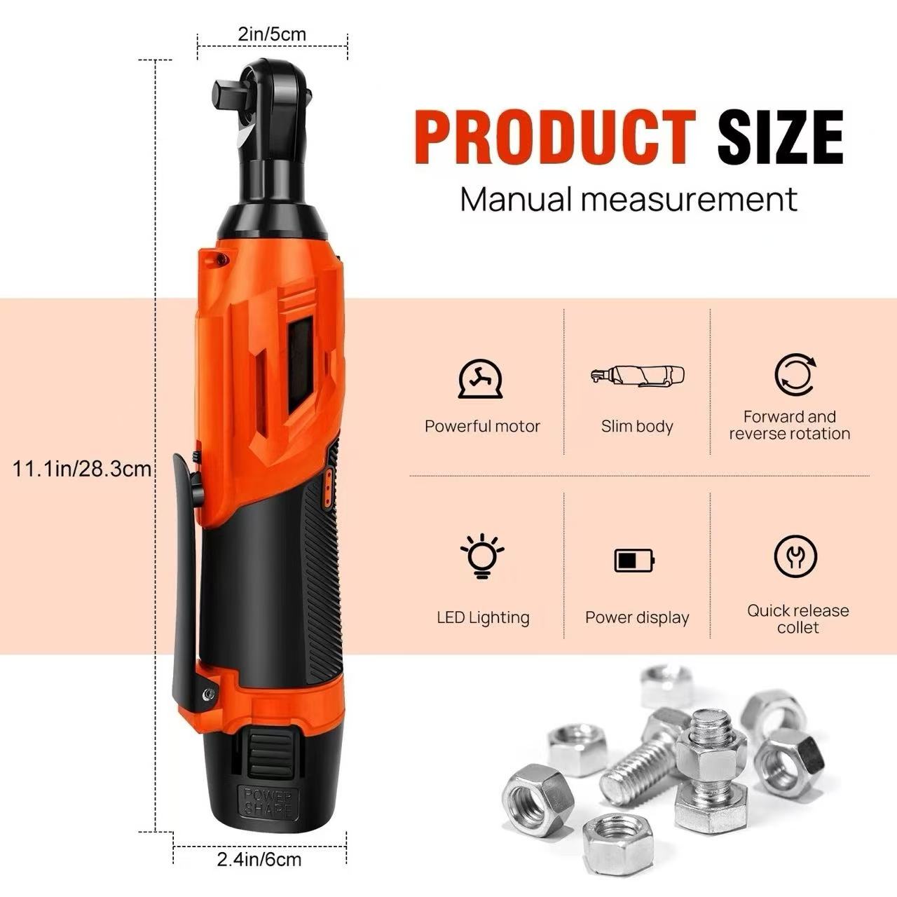 Cordless Electric Ratchet Wrench, 90 Degree Angle 200NM, 12V, 2 Batteries — image 5