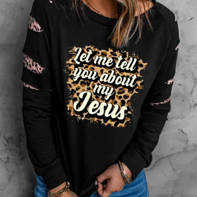 Black Merry Christmas Leopard Print Twill Sleeve Pattern Printed Sweatshirt Long Sleeve Crew Neck Sweater Women 2 Style Black Line - Shop at LoveMi