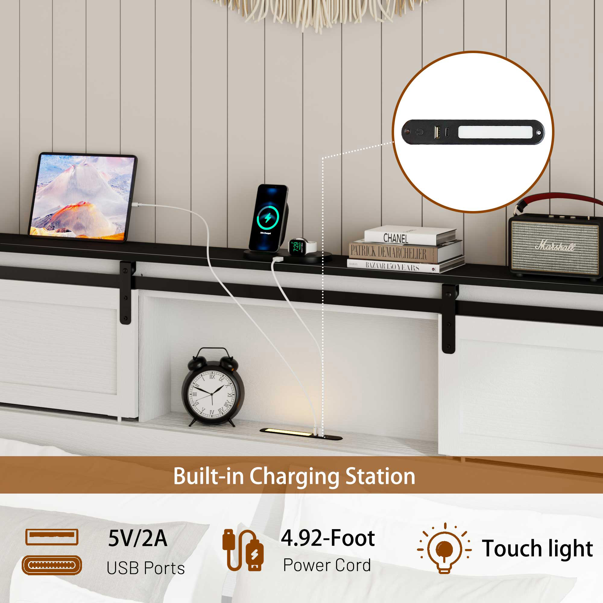 King Metal Bed Frame With Charging Station, No Box Spring, White — foto 7