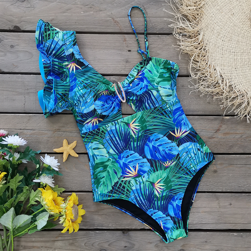 Women’s Printed One-shoulder Ruffled Swimsuit