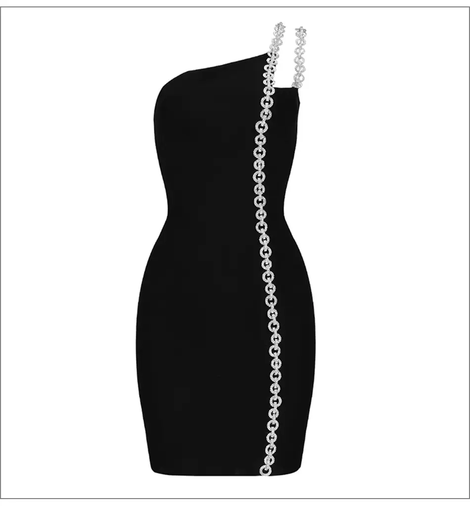 One-Shoulder Long Chain Drop-Shoulder Stretch Dress