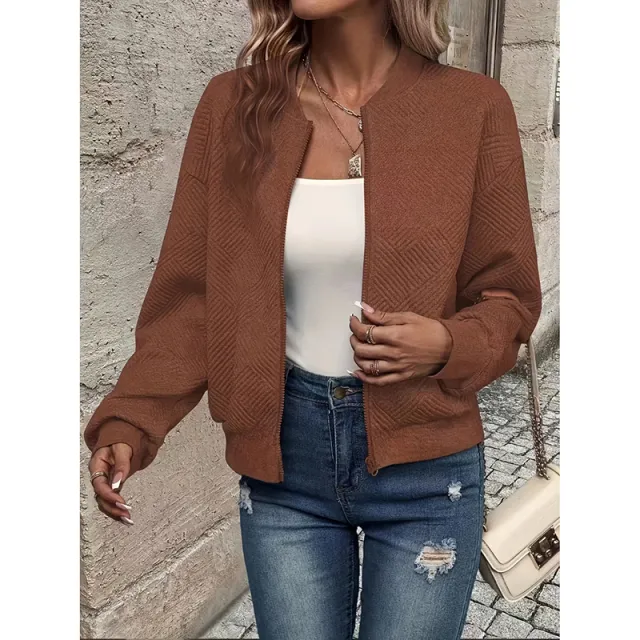 Womens Bomber Jacket Coat Casual Textured Stand Collar Zip Up Fall Fashion Jackets Outfits Caramel - Shop at LoveMi