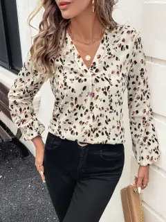 Women's V-Neck All-Over Print Elegant Long Sleeve Blouse,Long Sleeve Tops - Apricot - View 1