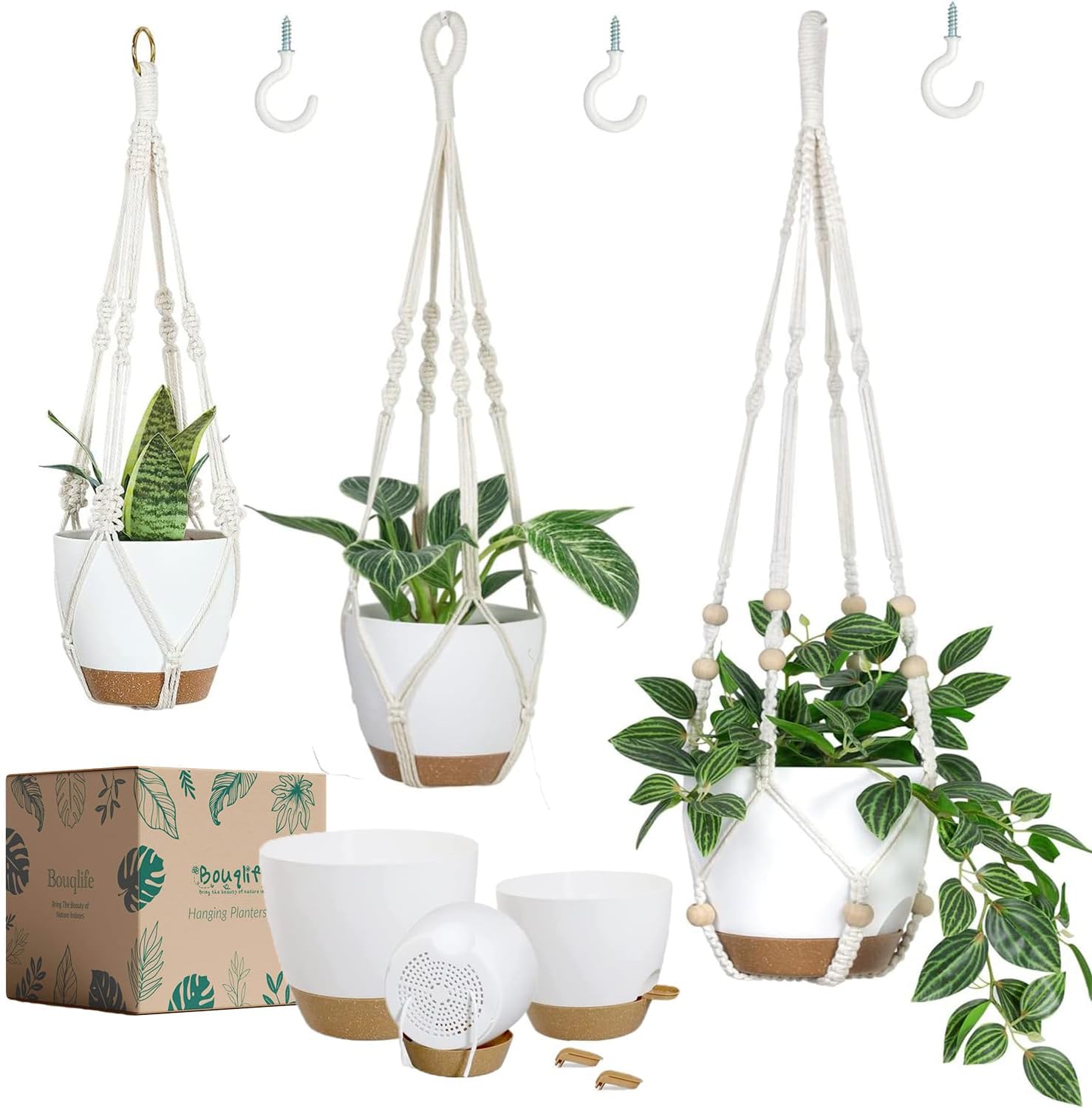 Macrame Hanging Planters 3 Units, Self Watering Hanging Pots In 3 Sizes For Indoor Outdoor Plants, Flowers And Home Decor