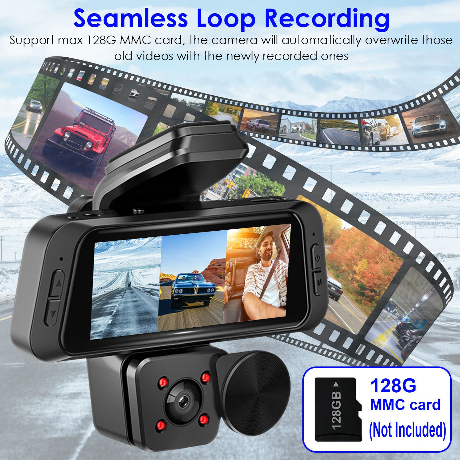 1080P FHD 3 Channel WiFi Dash Cam 170 Degree Wide Angle Triple Car Camera With IR Night G Sensor Motion Detection Loop Recording App Control Support 128G Max