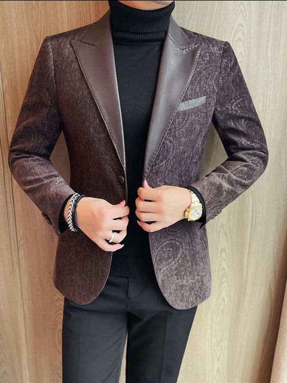 Jacquard Velvet Leather Lapel Men's Blazer