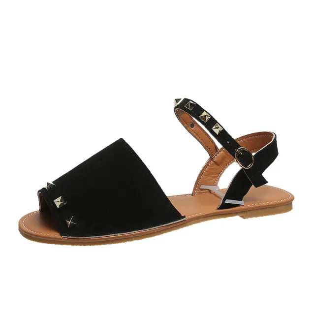 Rivet Sandals Summer Fish Mouth Shoes For Women Flat Beach Shoes Black - Shop at LoveMi