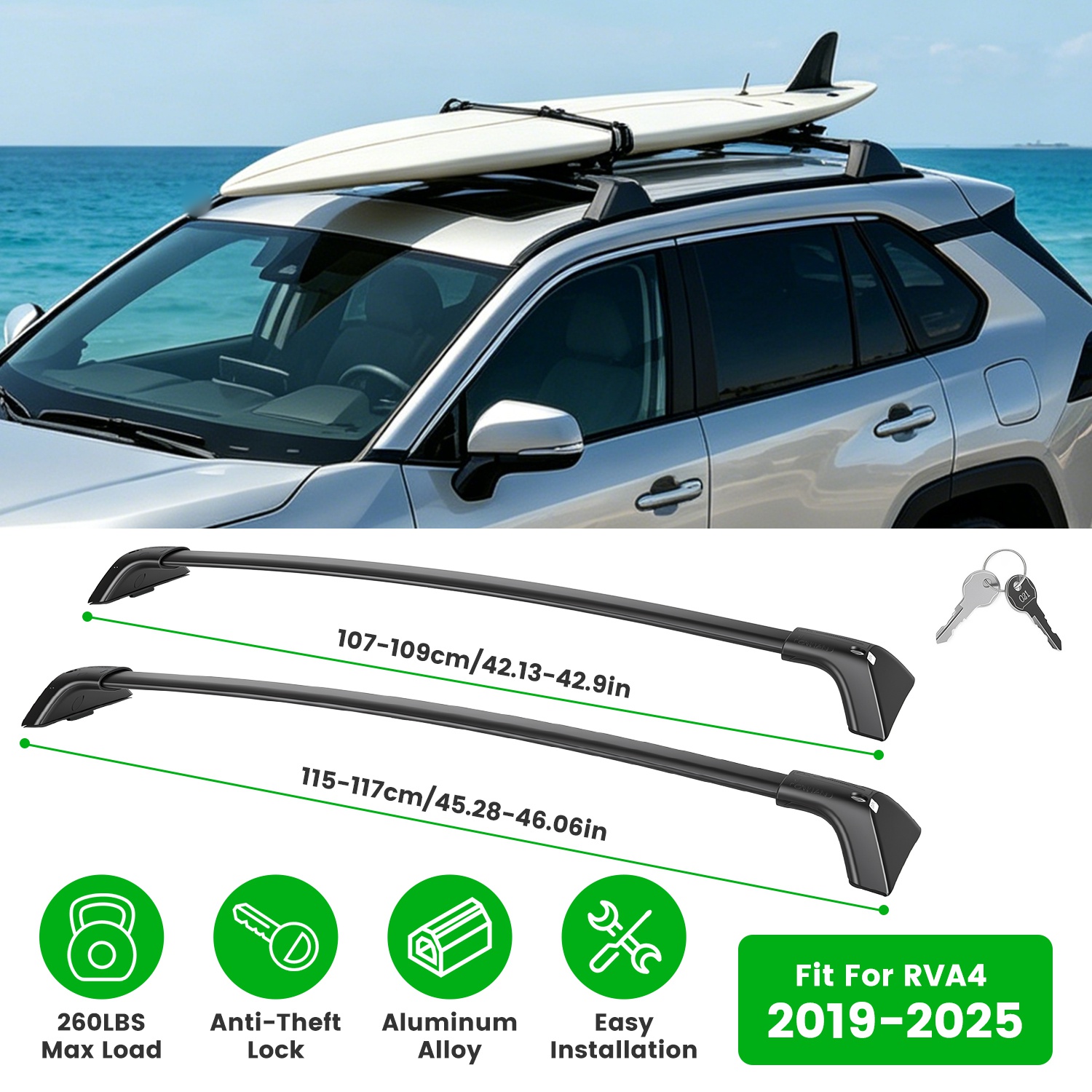 Roof Rack Cross Bars For Fit RAV4 2019-2025 Aluminum Roof Rails Cargo Crossbars For Flush Side Rails Heavy Duty Rooftop Carrier Anti-Theft Lock For Kayak Bike Luggage 260lbs Capacity