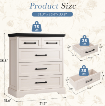 Only Do One Dropshipping Service----Country-style Five-drawer Chest Of Drawers, Black And White Contrasting Solid Wood Drawer Cabinet, Bedroom Storage And Storage Cabinet image 6