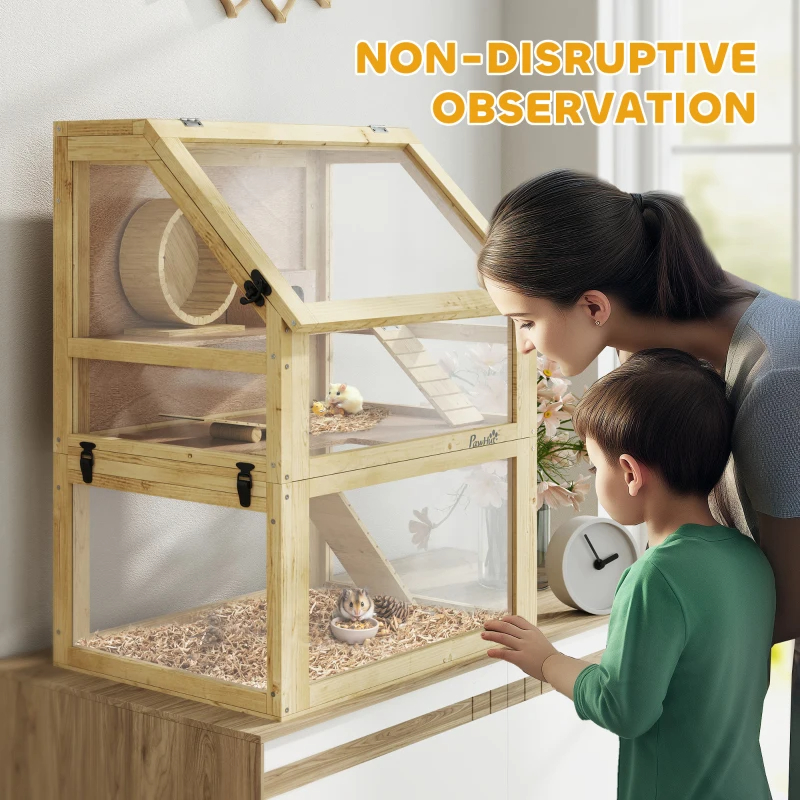 3 Tier Wooden Hamster Cage W Detachable Bottom, Hut, Seesaw, Exercise Wheel, Ramps