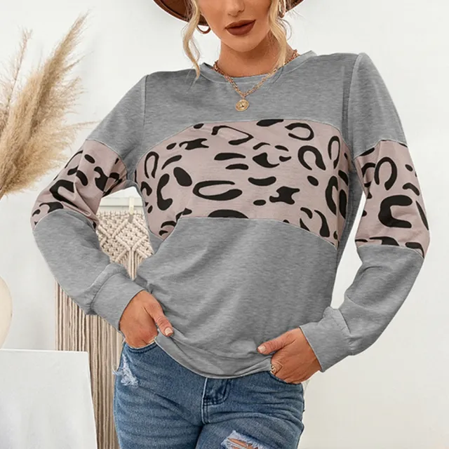 Knitted Leopard Print Pullover Round Neck Contrast Color Patchwork Sweatshirt Women Grey - Shop at LoveMi