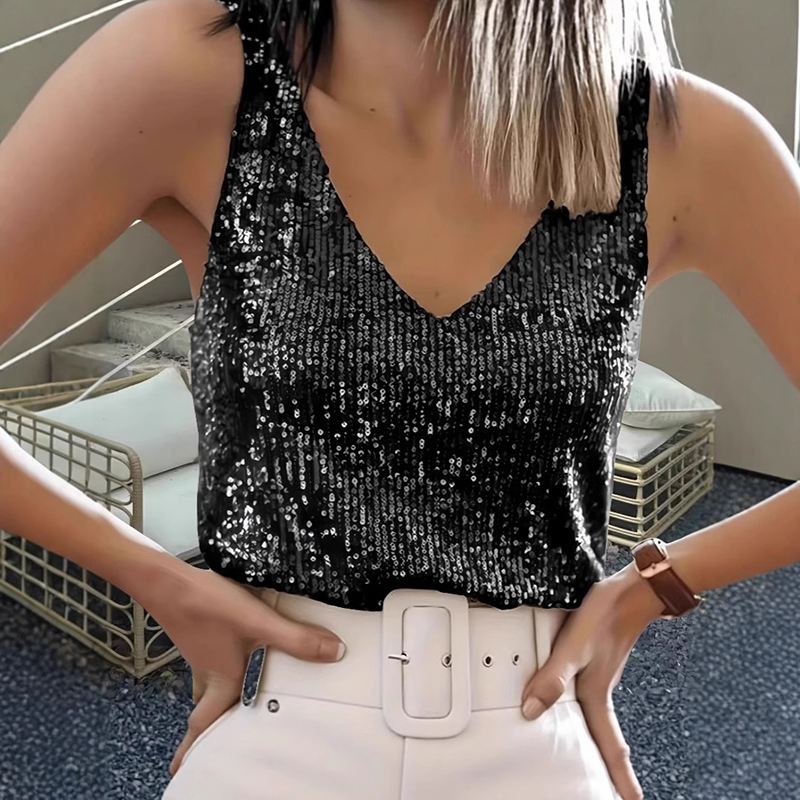 Women's Solid Color Sequin Sleeveless Top, V Neck Sparkling Party Blouse For Casual And Evening Wear Black - Shop at LoveMi