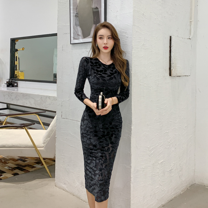 Spring And Autumn New Long Sleeve Split Hip Skirt Slim Fit