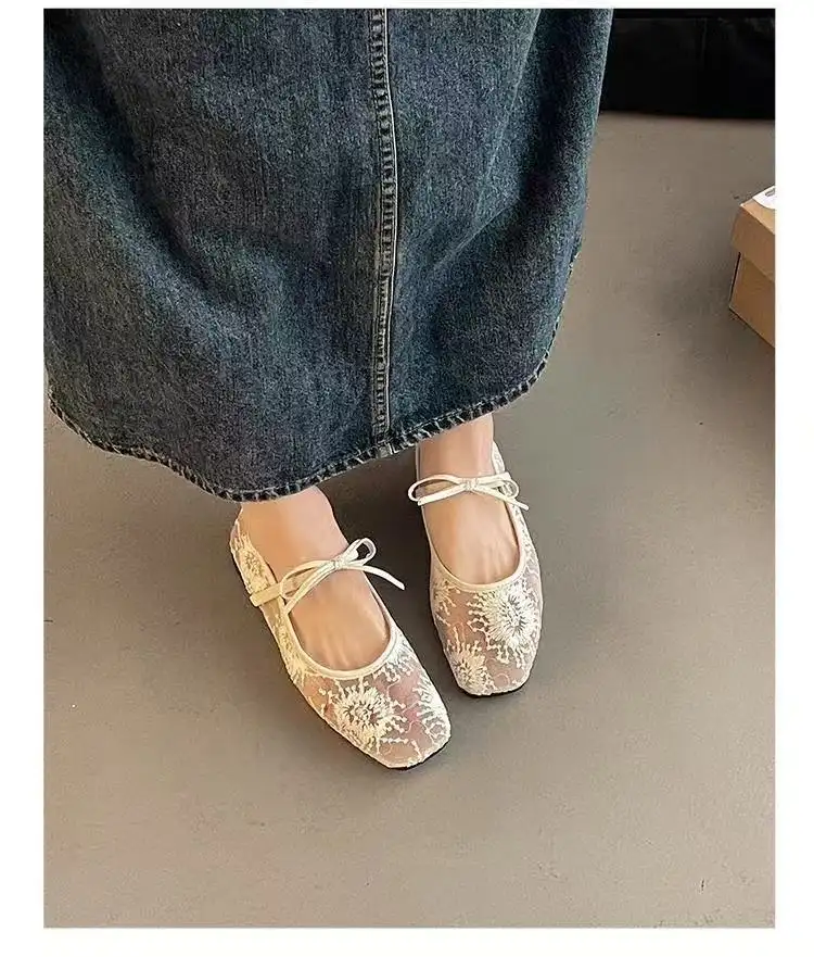 Women Breathable Mesh Mary Jane Shoes, New Spring Summer Low Cut Fairy Style Pumps, Bowknot Design Hidden Wedge Heels