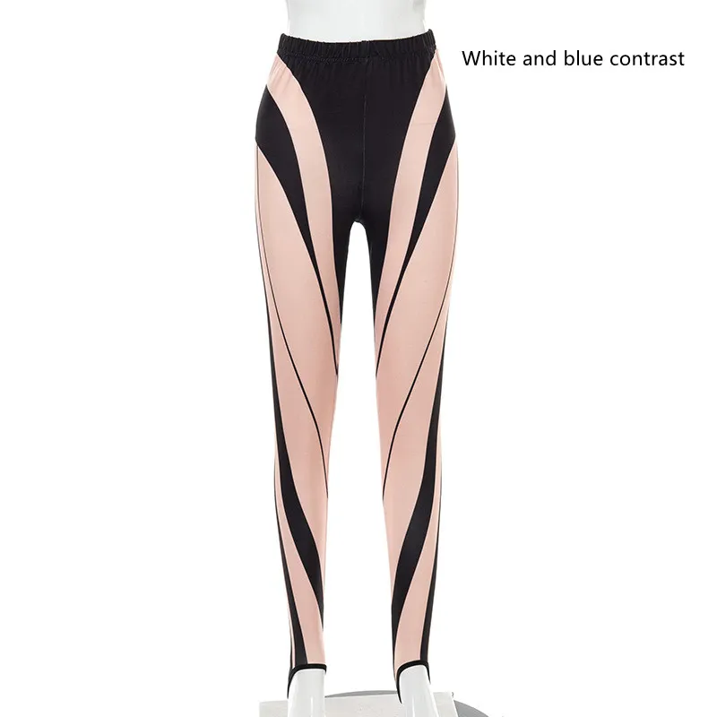 Fashion Women's Printed High Waist Slim Leggings - White And Blue Contrast