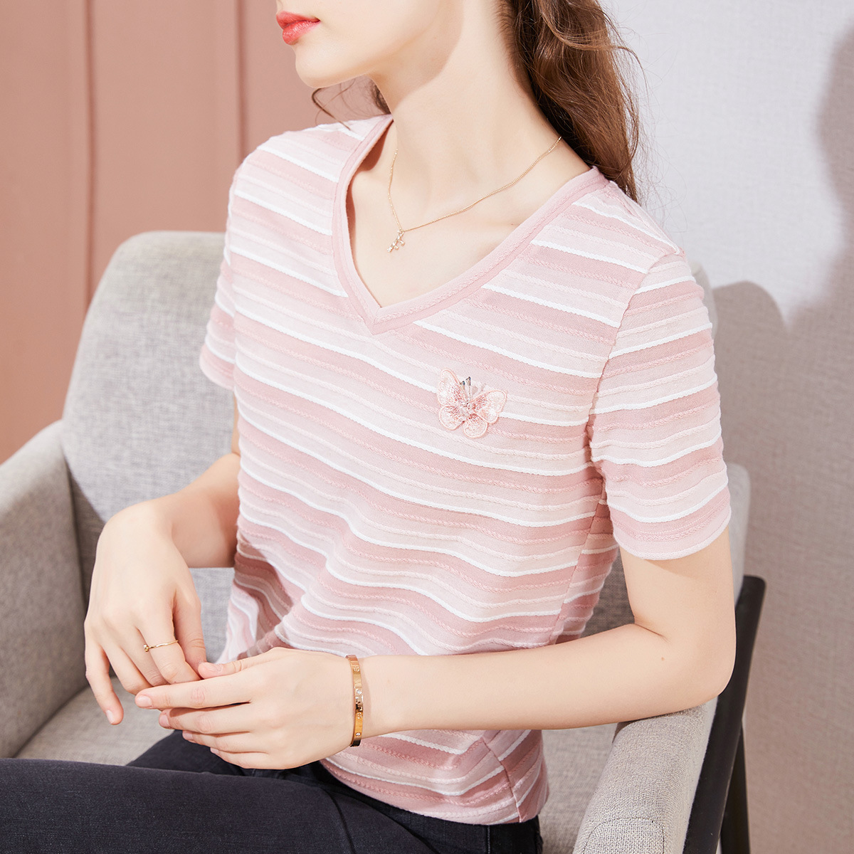 Title 1, Striped T-shirt Round Neck Butterfly Embroidere...