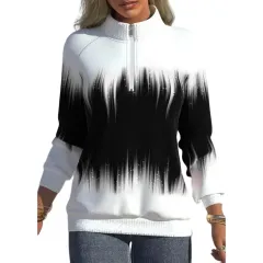 Women's New Gradual Colour Printed Zipper Long Sleeve Sweater - Black - View 1