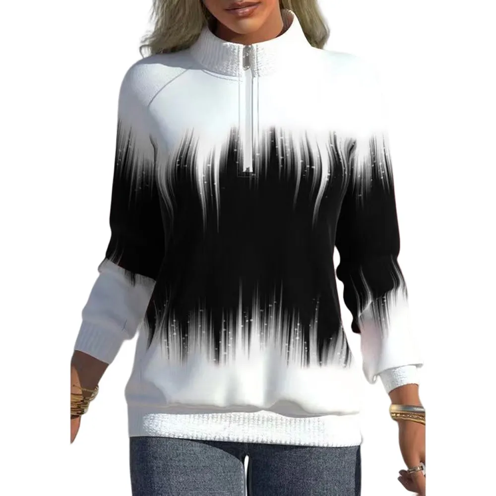 Women's New Gradual Color Printed Zipper Long Sleeve Sweater - Black