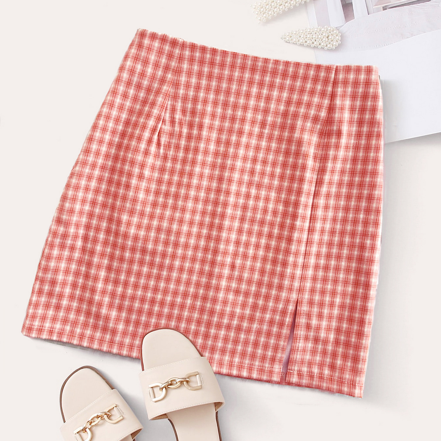 Plaid Slit Skirt European And American Fashion All match High Waist Pink - Shop at LoveMi