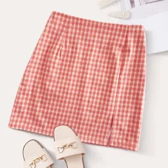 Plaid Slit Skirt European And American Fashion All-match High Waist - Pink - View 1