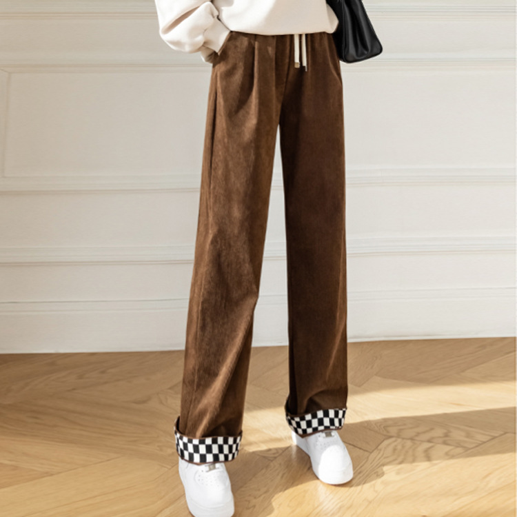 Women's Casual Wide leg Pants Plaid Stitching Corduroy Khaki - Shop at LoveMi