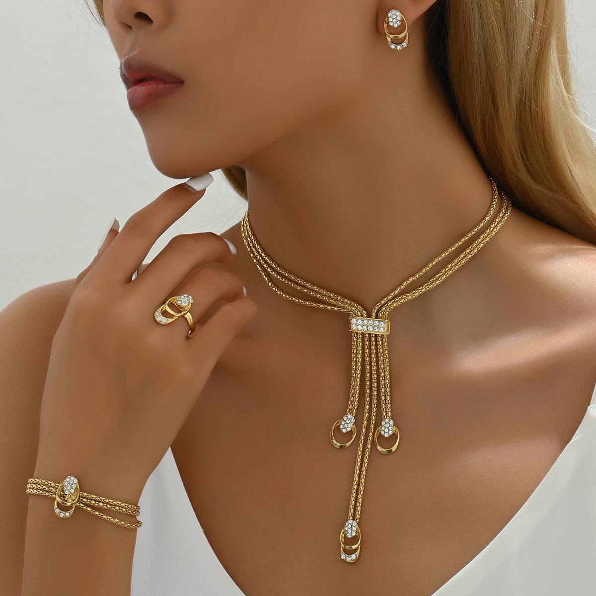 Cross-border New Minimal Delicate Women Jewelry Set, Inlaid Cubic Zirconia Long Clavicle Necklace, Matching Earrings & Index Finger Ring, Niche Versat