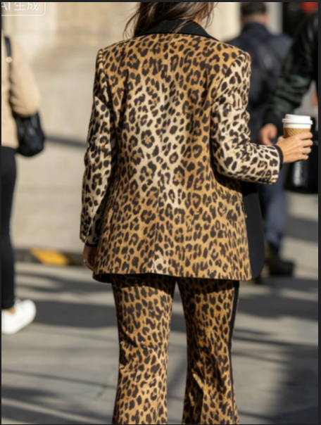 American Retro Leopard Print Blazer, Contrast Black Lapel Loose Slim Drape Long Sleeve Jacket