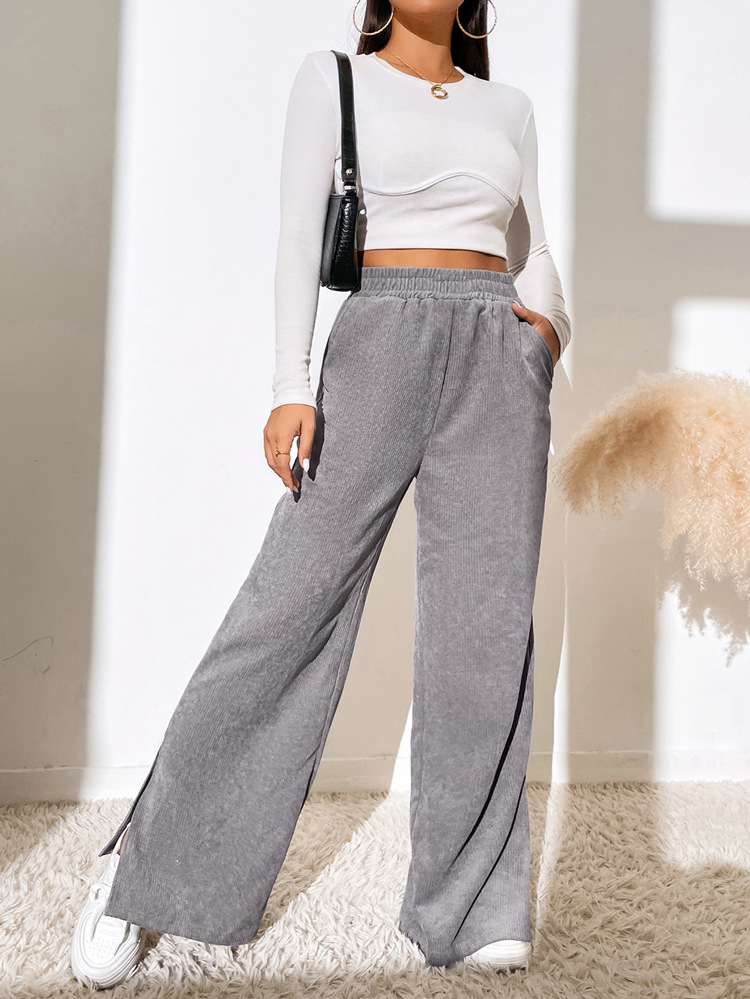 Women's High Waist Casual Pants Solid Color Corduroy Stitching Slit Hem Trousers Gray - Shop at LoveMi