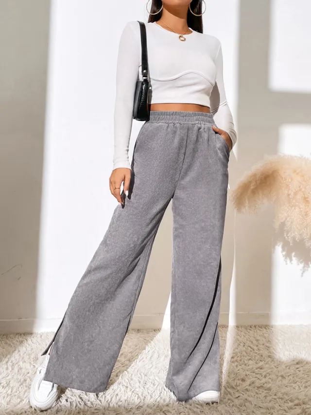 Women's High Waist Casual Pants Solid Color Corduroy Stitching Slit Hem Trousers Gray - Shop at LoveMi