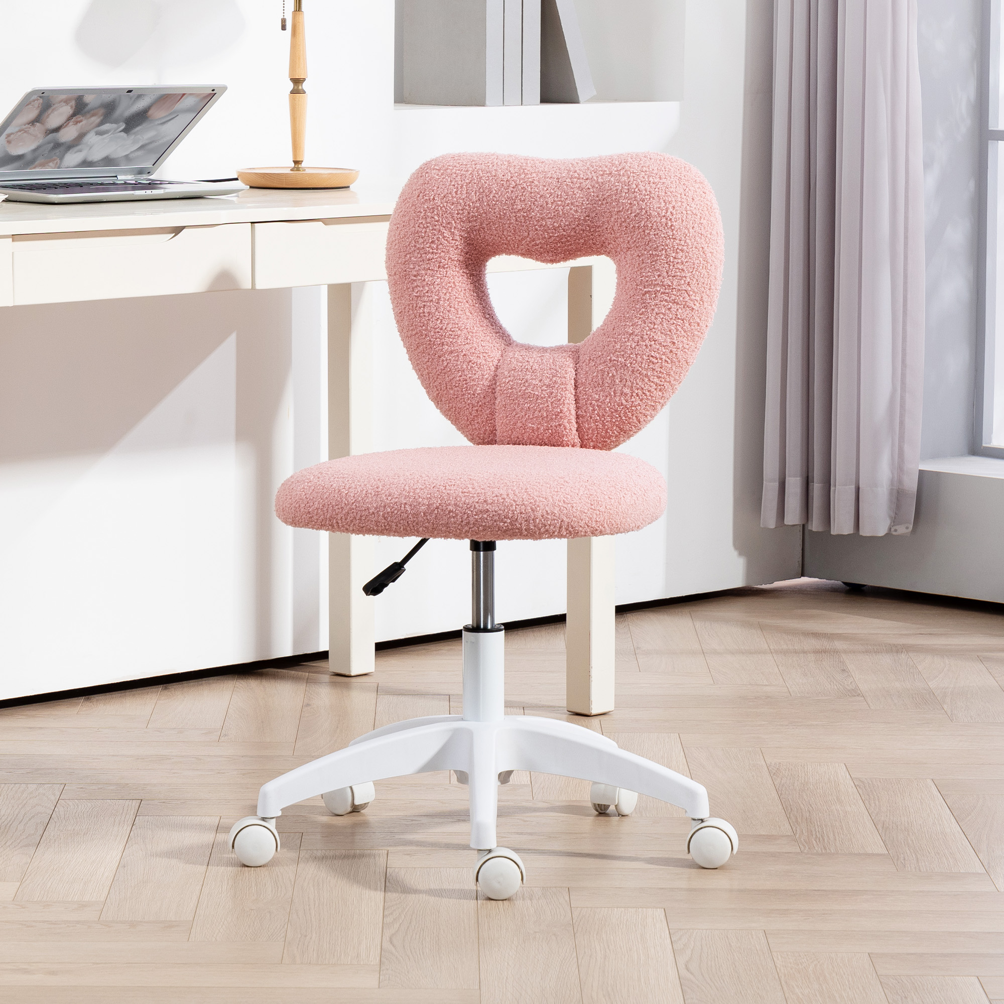 Armless Heart-shaped Computer Desk And Chair, Teddy Velvet Rotating Office — image 5
