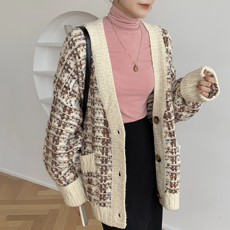 Loose Mixed Color Long-sleeved Knitted Cardigan Sweater Women